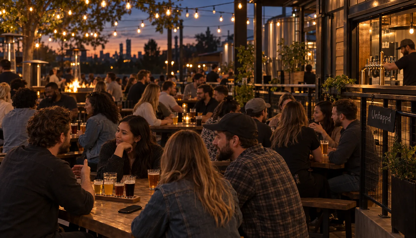 A packed brewery patio at dusk under gold string lights, a flight paddle and a face-down phone on the nearest table, with a chalk slate reading Untappd hung on the railing.