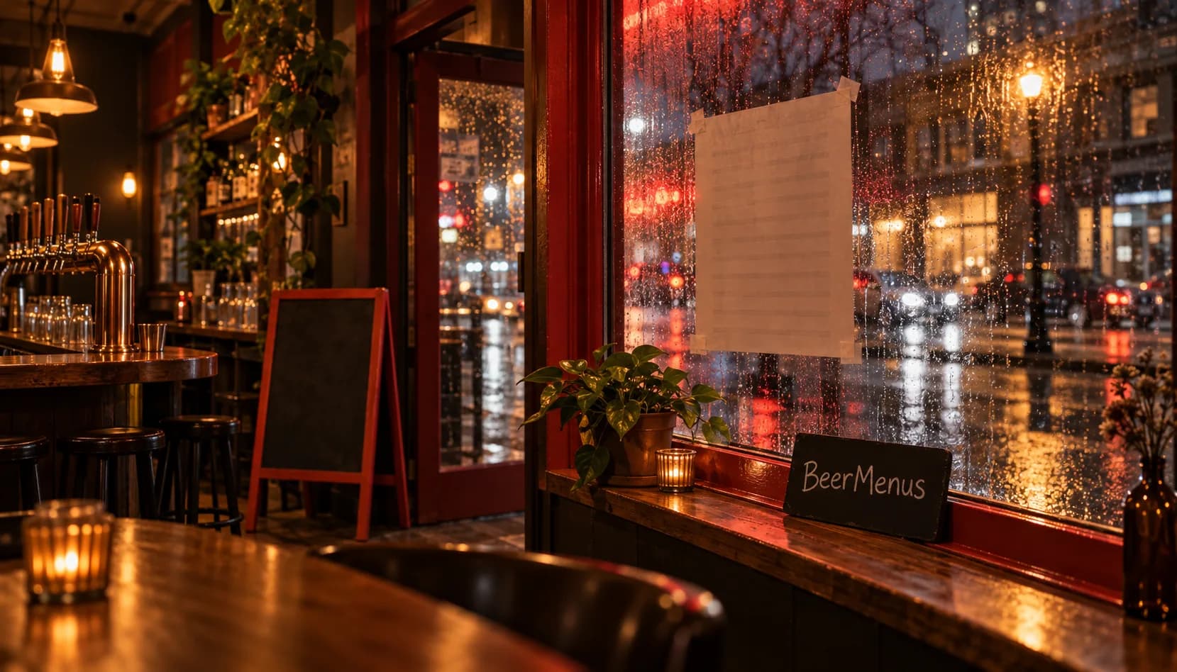A paper beer list taped facing outward in a taproom's front window on a rainy night, red neon reflecting off the wet street, with a chalk slate reading BeerMenus on the sill.