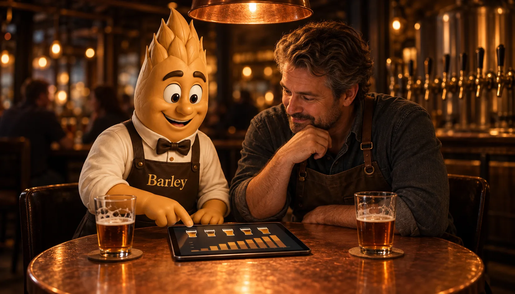 Barley sits at a copper-topped table with a brewery owner, pointing at a tablet showing a row of pint-glass icons above a simple bar chart.