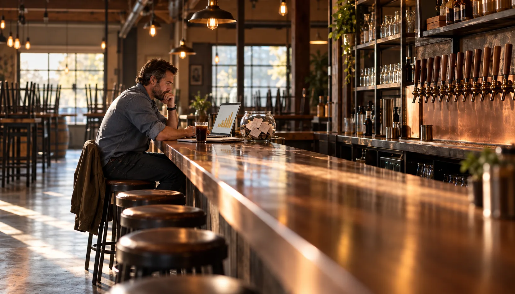A brewery owner sits alone at the end of a long copper bar in an empty morning taproom, laptop open beside a fishbowl of handwritten guest business cards.