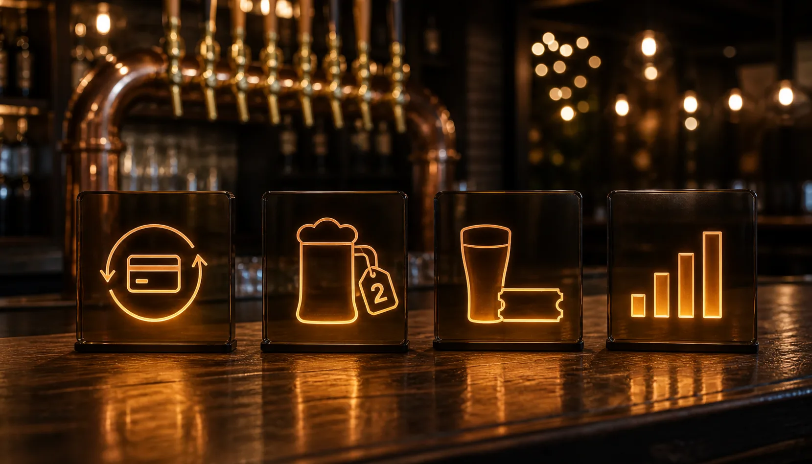 Four glowing icon panels standing in a row along a dark taproom bar: a credit card with a recurring arrow, a ceramic mug with a numbered tag, a pint glass beside a stamped ticket, and a small bar chart.