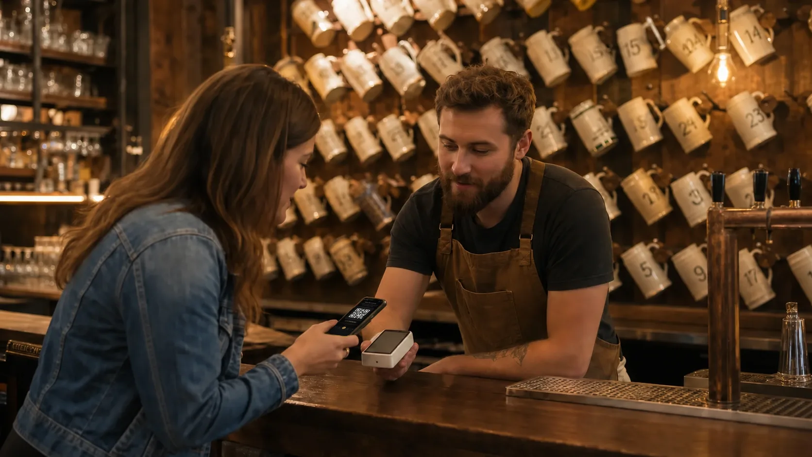 A mug club member shows the bartender her Barley check-in code on her phone at the card terminal, the wall of numbered mugs behind them.
