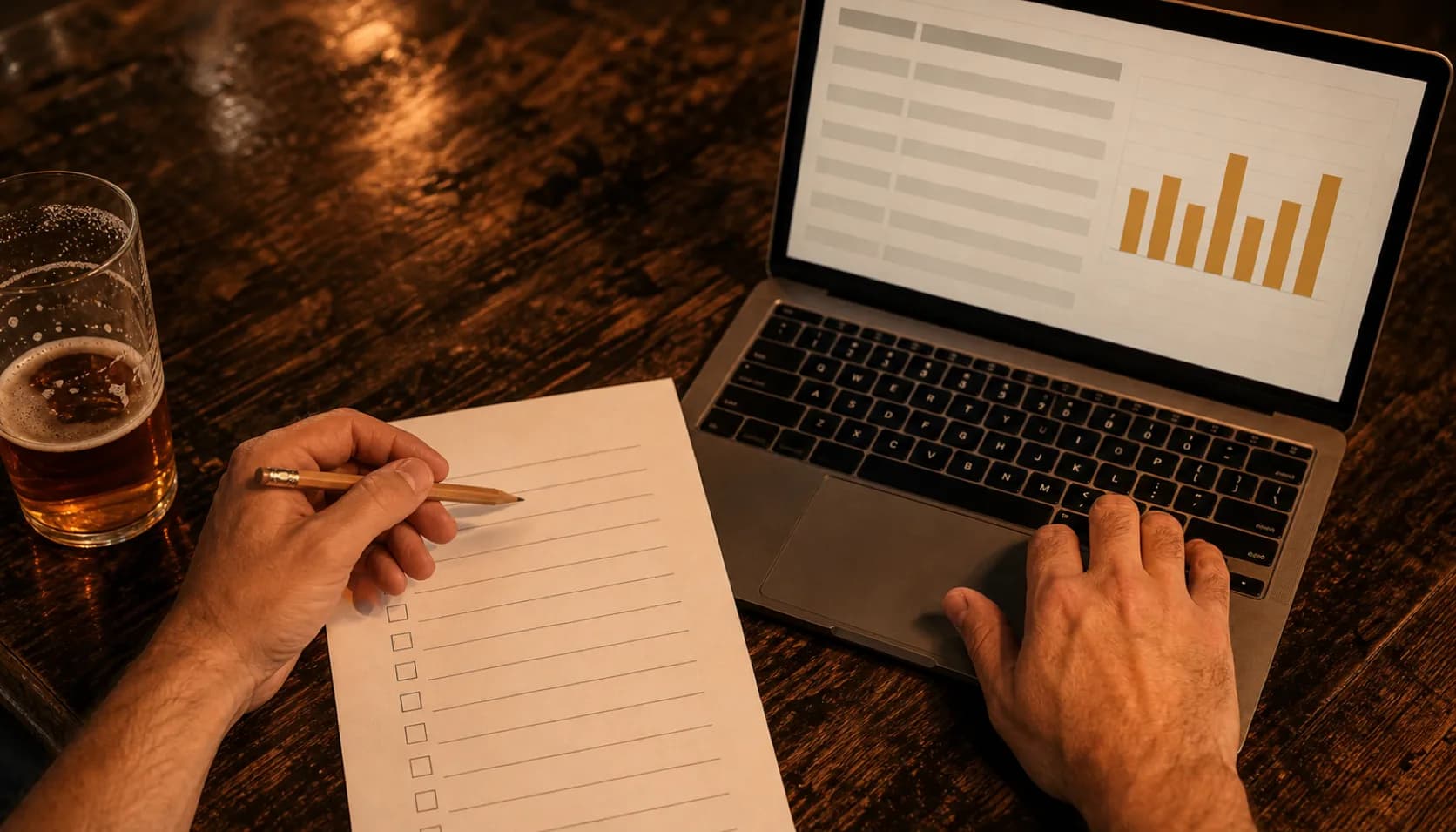 A brewery owner's hands on a dark wooden bar, one holding a pencil over a blank printed checklist and the other on an open laptop showing ruled rows and a small amber bar chart, with a half-full glass of beer alongside.