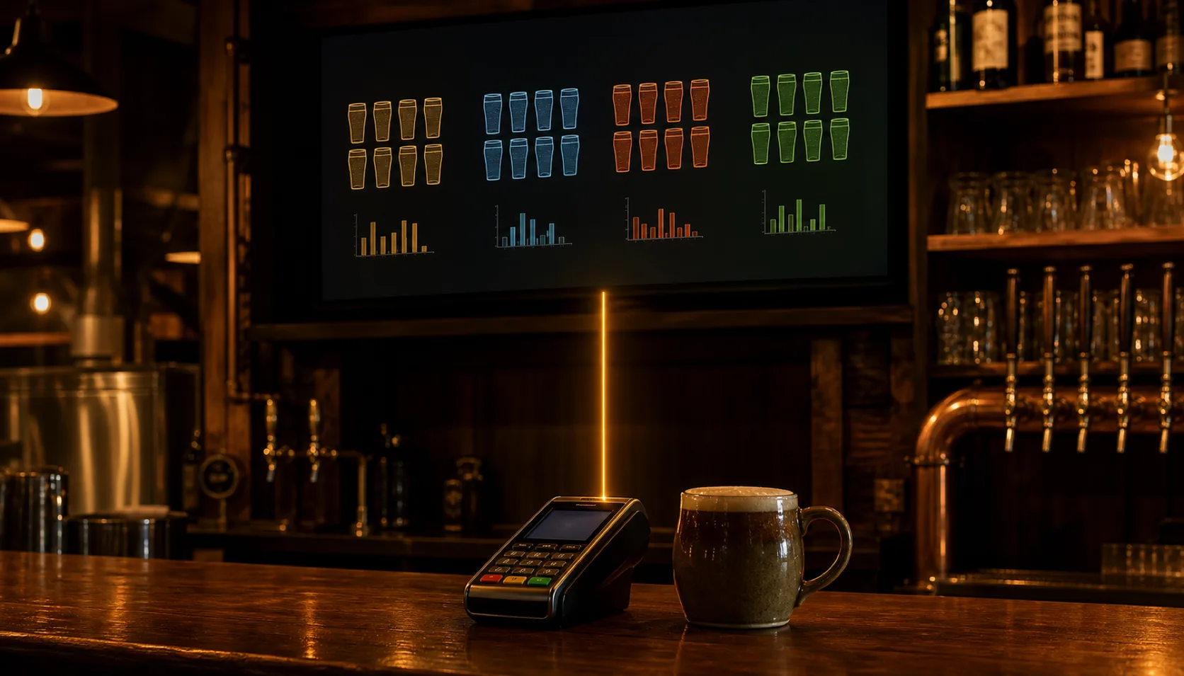 A wall-mounted screen above a taproom bar showing four colored groups of pint icons with small bar charts beneath, a thin line of light running down to the card terminal on the counter beside a filled ceramic mug.