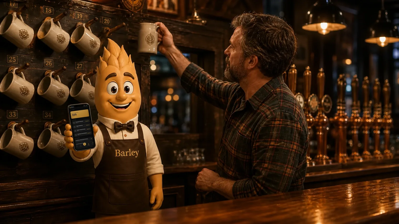 Barley holds up a phone showing a guest's Barley rewards across four breweries while a regular reaches for his mug on the numbered peg wall.