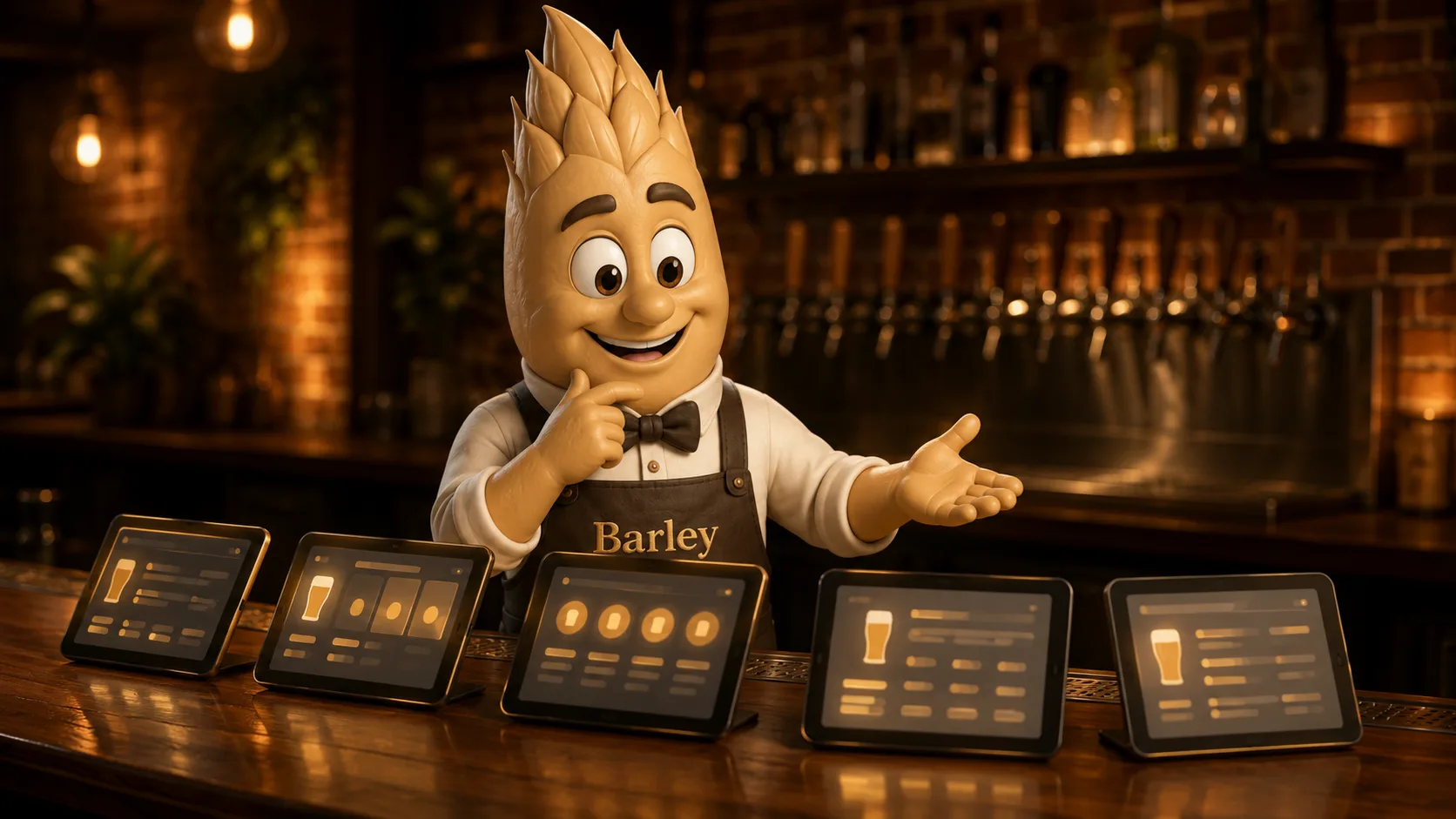 Barley the AI bartender mascot behind a taproom bar, comparing a row of tablets each showing a different brewery menu layout — evaluating the alternatives.