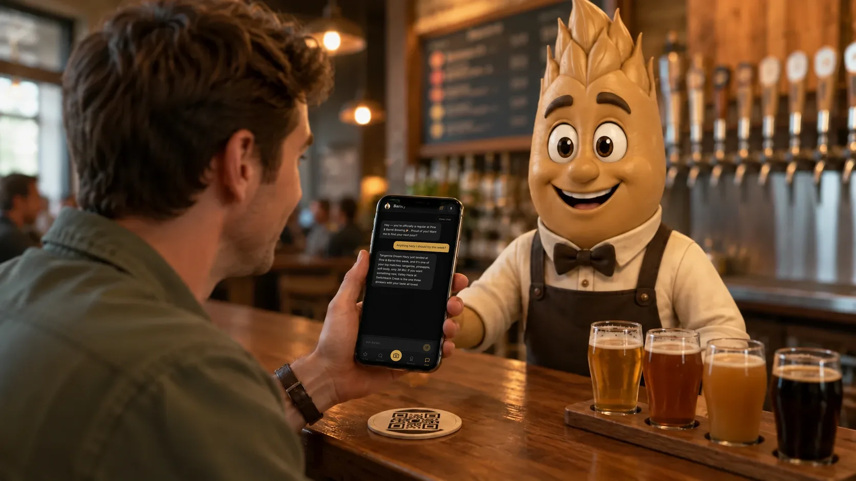 A guest at the bar reads Barley's answer on his phone after scanning the QR coaster: Tangerine Dream Hazy just landed at Pine & Barrel, and Valley Haze at Switchback Creek is a pick from drinkers with his taste.