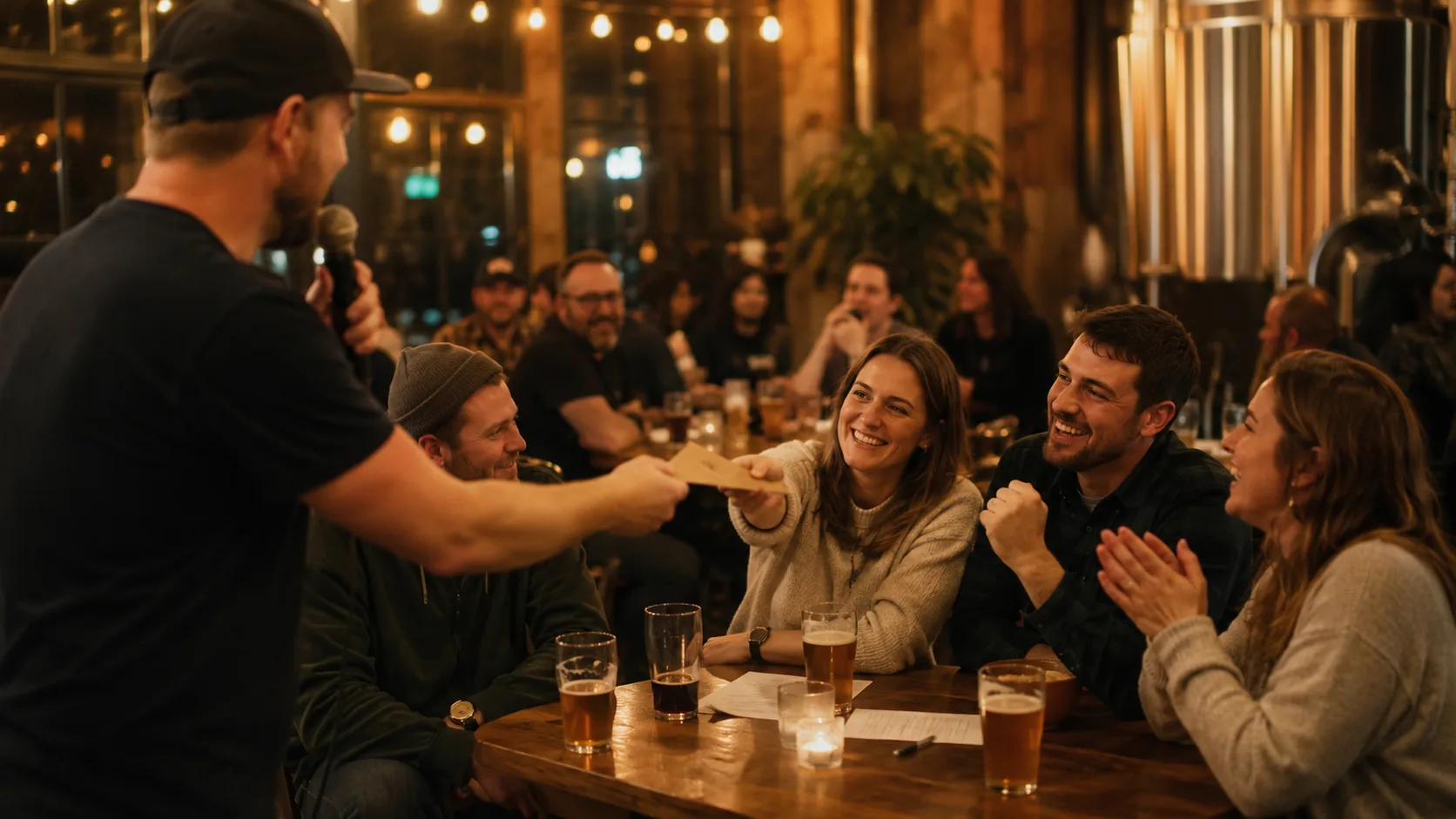 Customers packed around taproom tables at a brewery event, fresh pours in hand and string lights overhead.