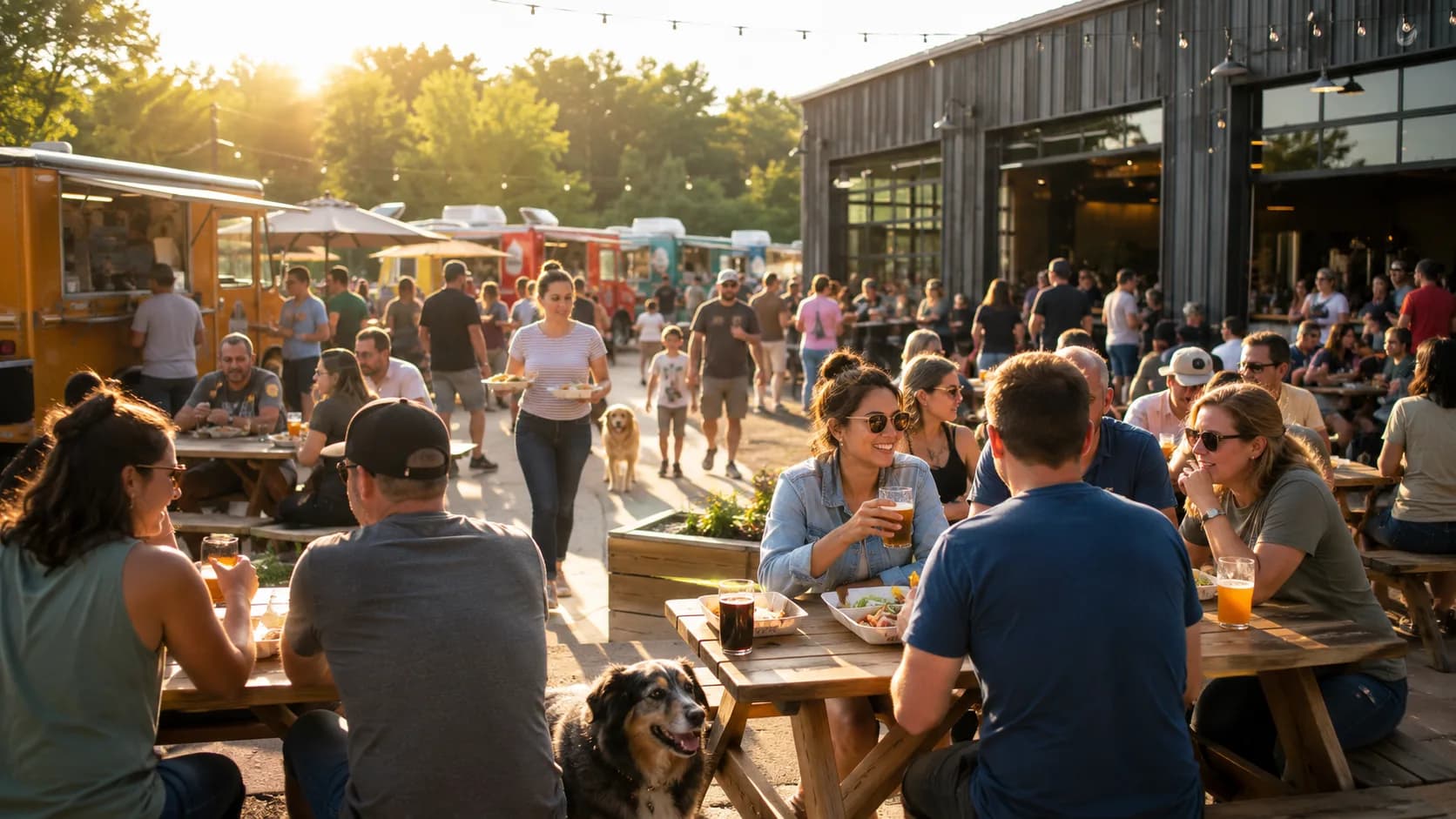 A brewery community night in full swing — a full house mingling over beers, a food truck just outside the open bay door.