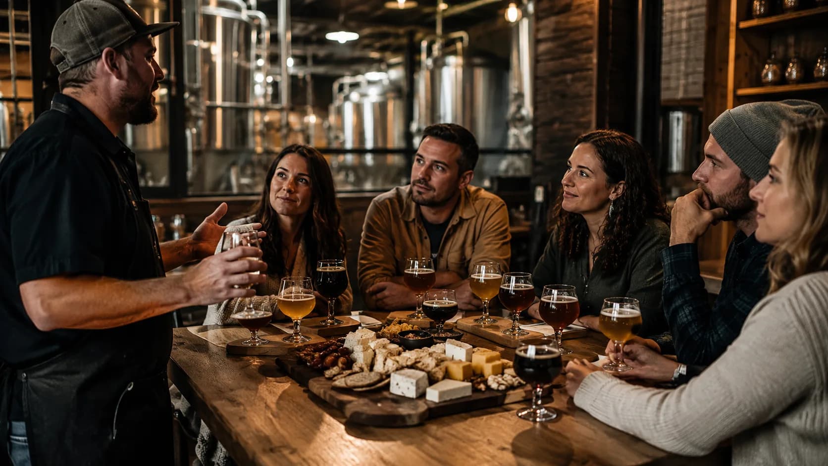 Guests gathered at the bar for a guided brewery tasting, flights and pints lined up under warm light.