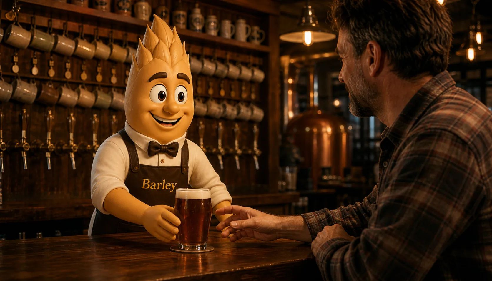 Barley sets a full pint on a dark wooden bar as a bearded regular in a plaid shirt reaches for it, with rows of ceramic mugs hanging on hooks behind them.