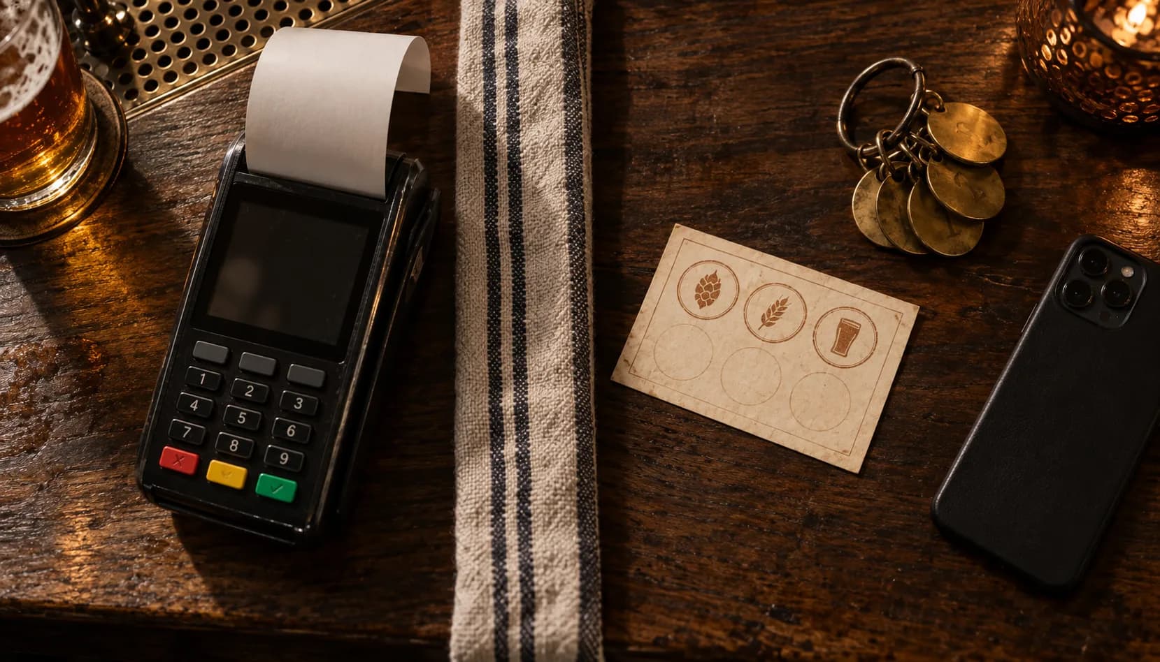 A dark walnut bar top seen from above, split by a striped bar towel, with a card terminal and blank receipt on one side and a stamped paper passport, numbered brass mug-club key tags and a face-down phone on the other.