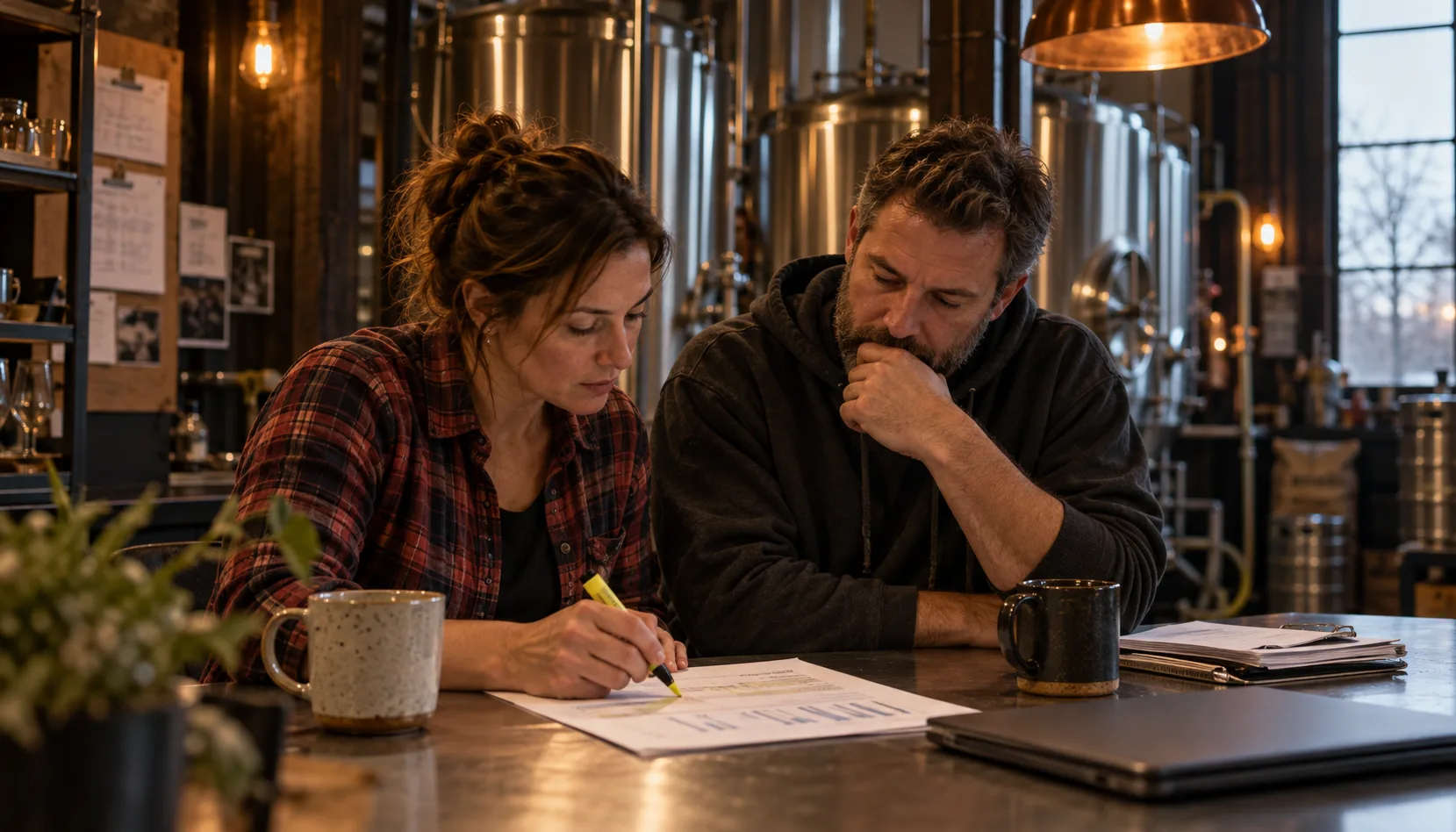 Two brewery co-owners at a steel table beside stainless fermenters early in the morning, one highlighting a printed sales report while the other reads over it, coffee mugs and a closed laptop beside them.