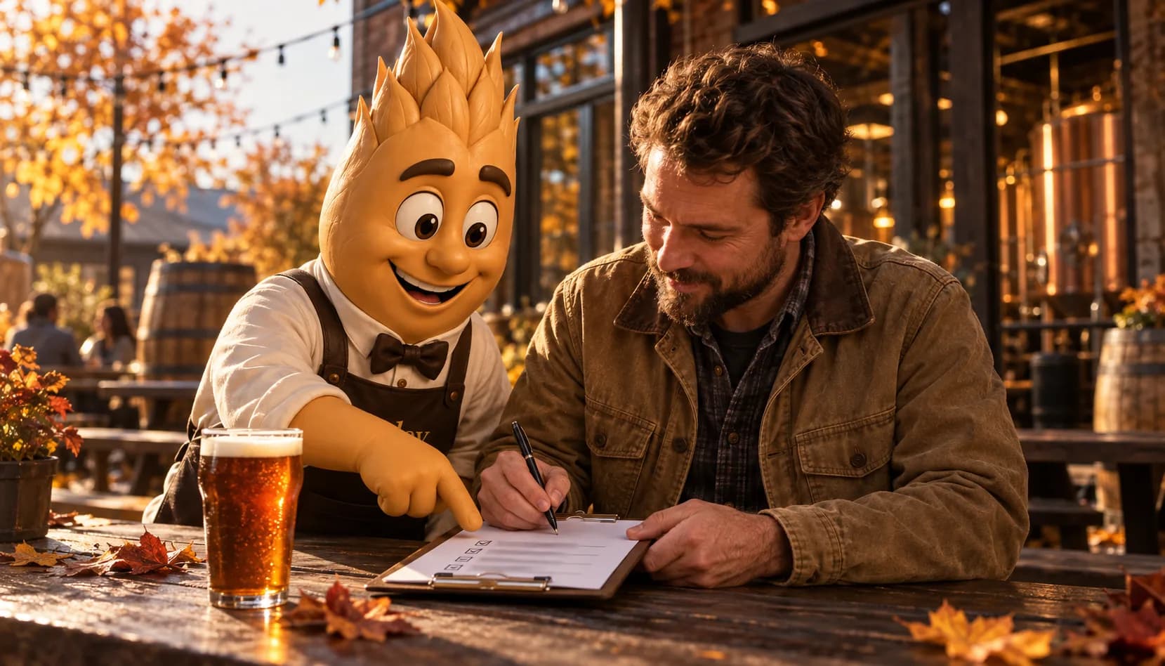 Barley points at a line on a clipboard while a brewery owner in a canvas jacket ticks off a paper checklist at a patio picnic table in late-afternoon autumn light, with a pint of copper ale beside them.