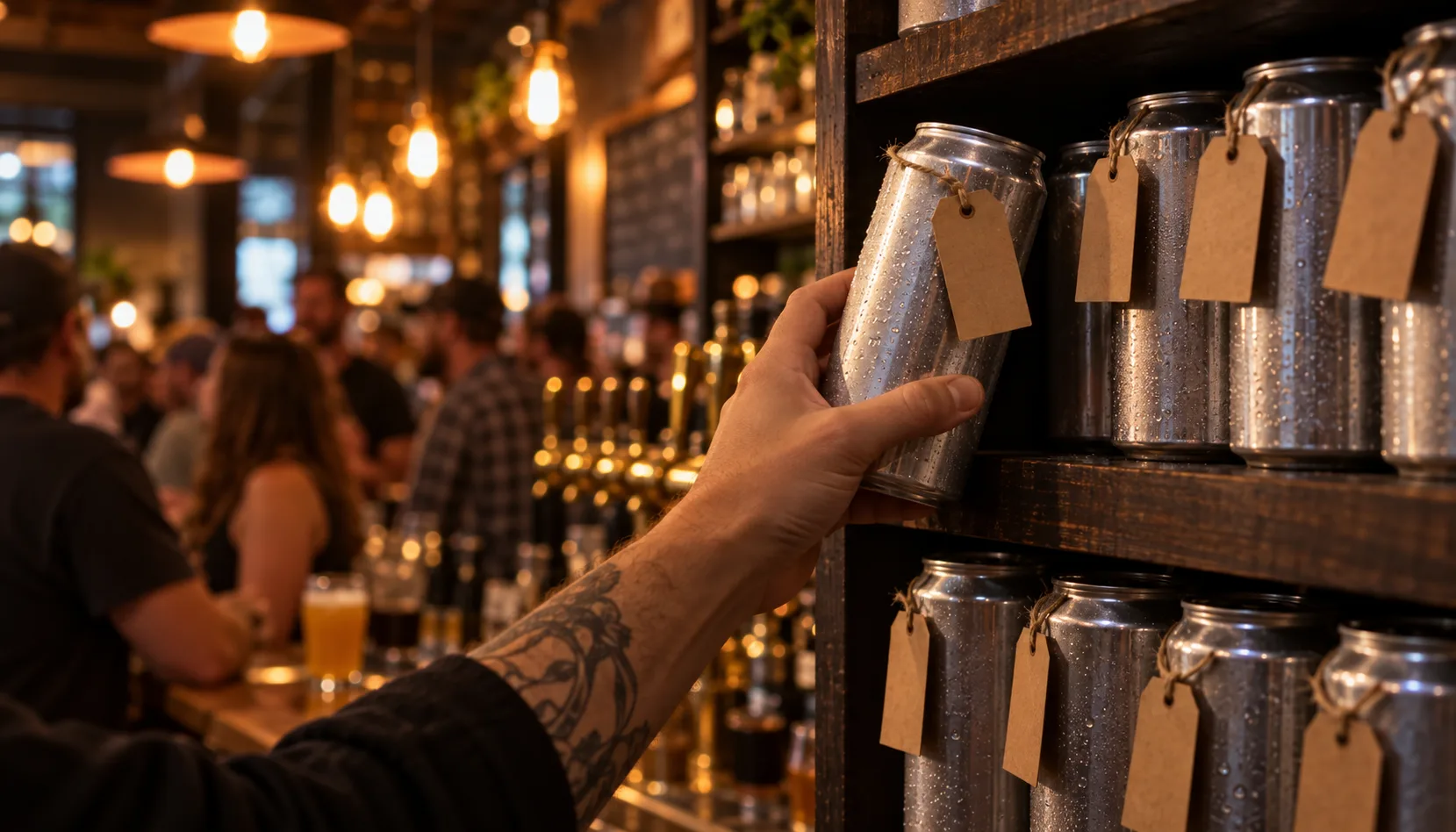 A bartender's hand lifts a chilled silver crowler with a blank kraft paper tag from a shelf of tagged crowlers set aside for regulars, with a busy release-night taproom blurred behind.