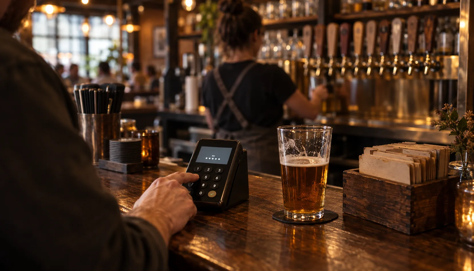Over a guest's shoulder at a taproom bar, a hand taps a phone number into a countertop card reader beside a pint of amber lager and a wooden box of worn paper punch cards, with a bartender pulling a tap behind.