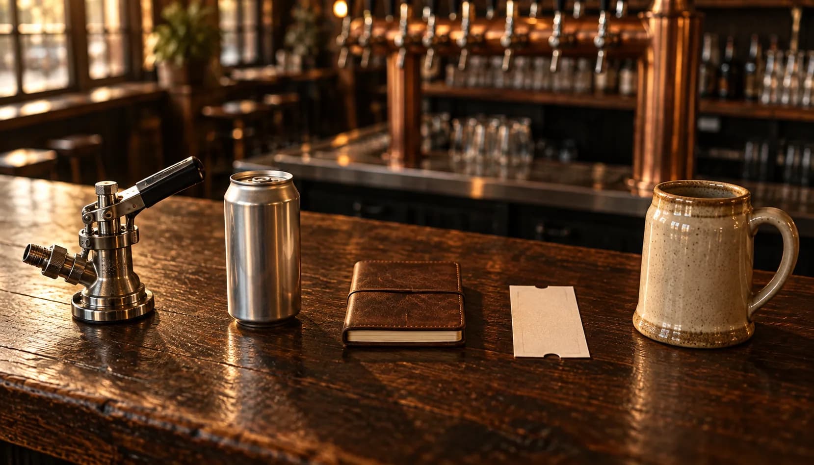 Five objects in a row on a dark wood bar top: a keg coupler, a plain aluminum can, a leather brew log, a blank pickup ticket, and a speckled ceramic stein, with copper taps out of focus behind.