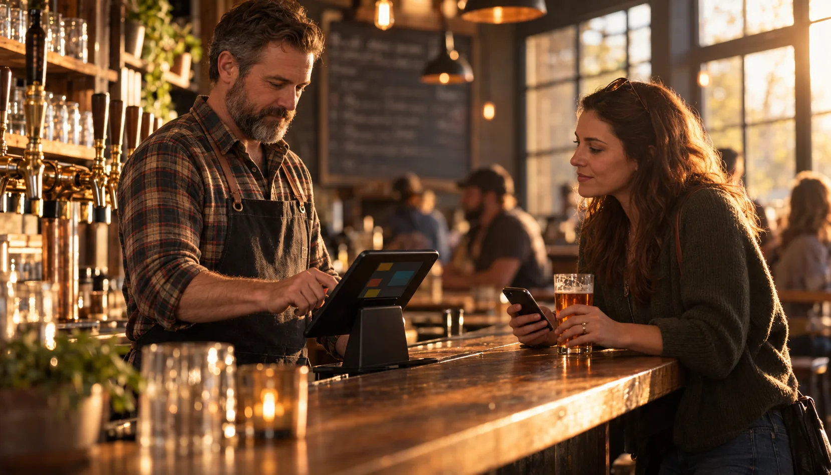 A bearded taproom manager in a flannel shirt and apron taps a tablet register while a guest leans on the bar holding her phone and an amber beer, late afternoon sun coming through the front windows.
