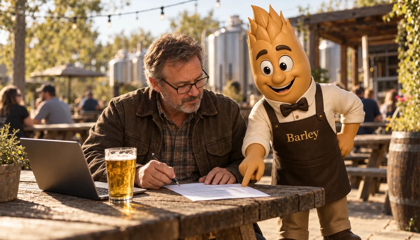 A brewery owner in reading glasses marks a printed list at a sunny patio picnic table beside a laptop and a glass of lager, while Barley leans in and points at one line on the page.