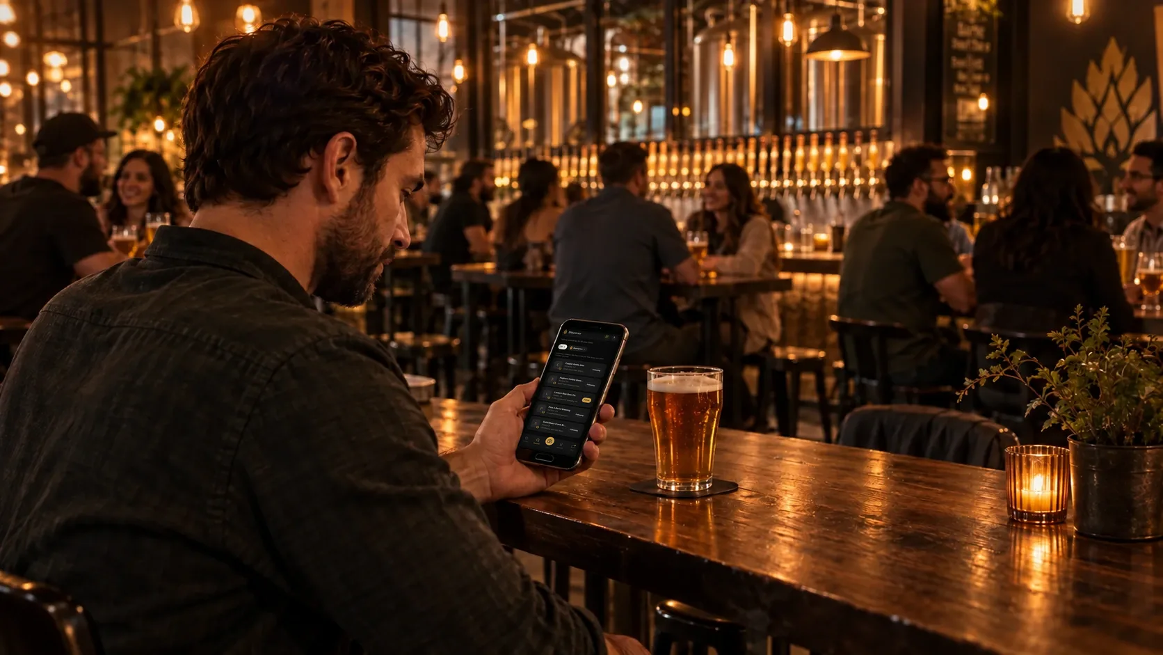 A guest at a busy taproom table scrolls the Barley app's Discover list of breweries to follow, a pint in front of him.