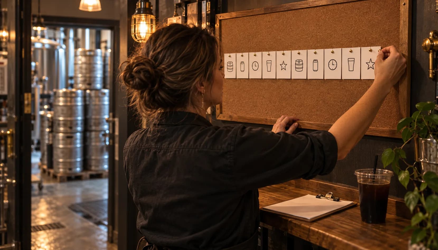A taproom manager pins the last of ten white cards, each marked with a small icon of a keg, can, clock, glass, or star, to a corkboard in a brewery back hallway, with stacked kegs through the doorway and an iced coffee on the shelf beside her.