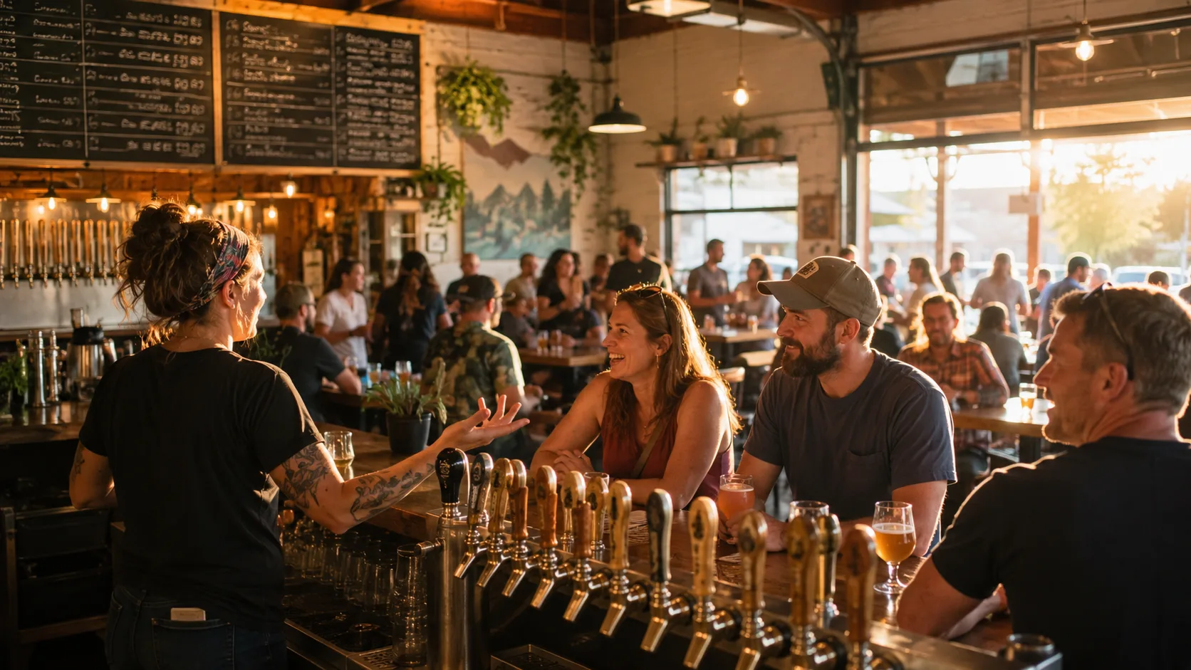 A busy, sunlit taproom: a tattooed bartender chatting with smiling regulars along a full bar of brass tap handles, a chalkboard tap list overhead and a packed room behind — a brewery's community and marketing coming together in one space.