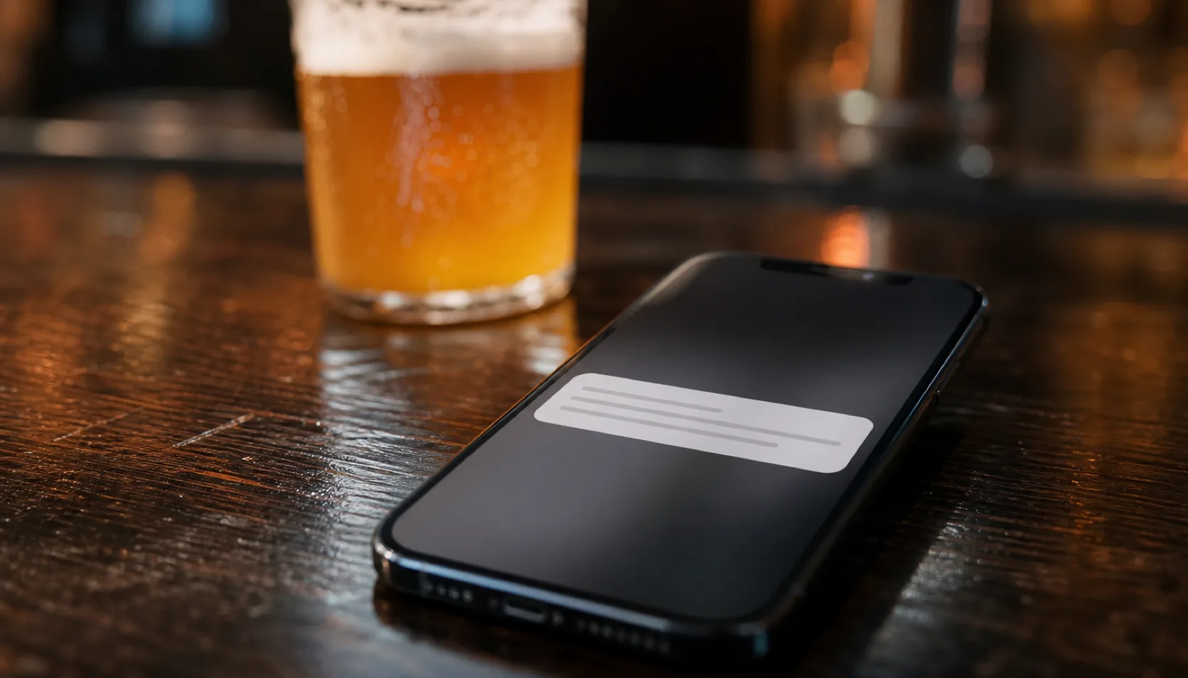 A phone lying face-up on dark bar wood showing a single notification card, with a glass of hazy IPA blurred into warm amber bokeh behind it.