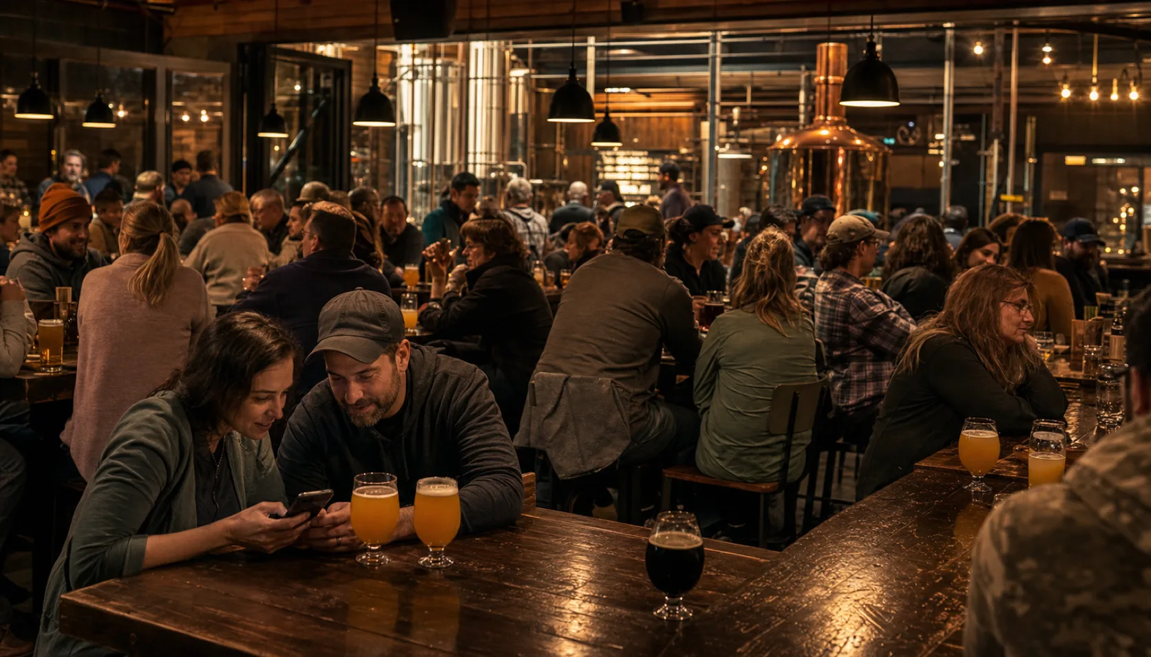 A packed taproom on release night, every communal table full, with a couple in the foreground looking at a phone between two glasses of hazy IPA.