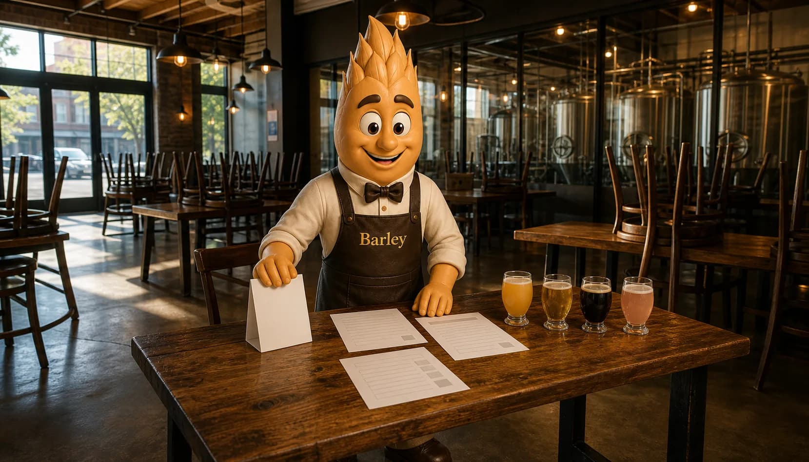 Barley stands at a table in an empty taproom at 9am, chairs still upended behind him, resting a hand on a blank table tent beside a row of blank checklist cards.