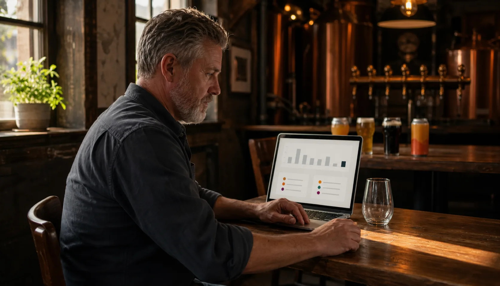 A brewery owner sits at a table in the corner of a quiet taproom, reading a laptop that shows a simple bar chart and two plain summary cards.