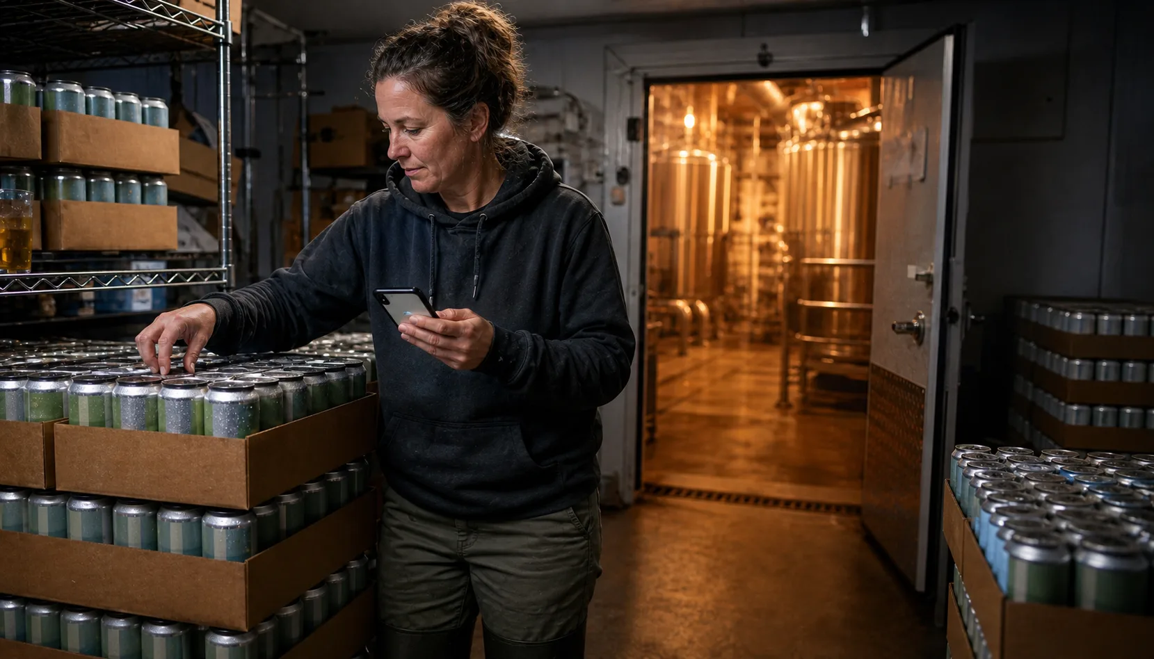 A brewery worker in a hooded sweatshirt stands among stacked cases of freshly canned beer inside the walk-in cooler, phone in hand, with warm light spilling in from the cellar behind her.