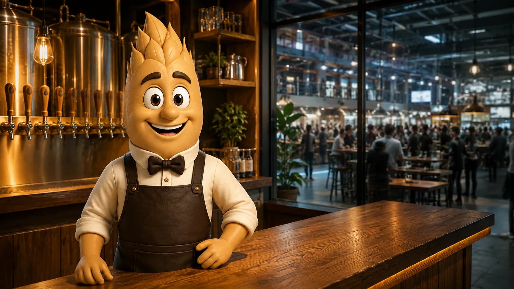 Barley the AI bartender mascot in a focused craft brewery taproom in the foreground, with a sprawling multi-purpose food-service space visible behind a glass wall — brewery focus vs multi-vertical breadth.
