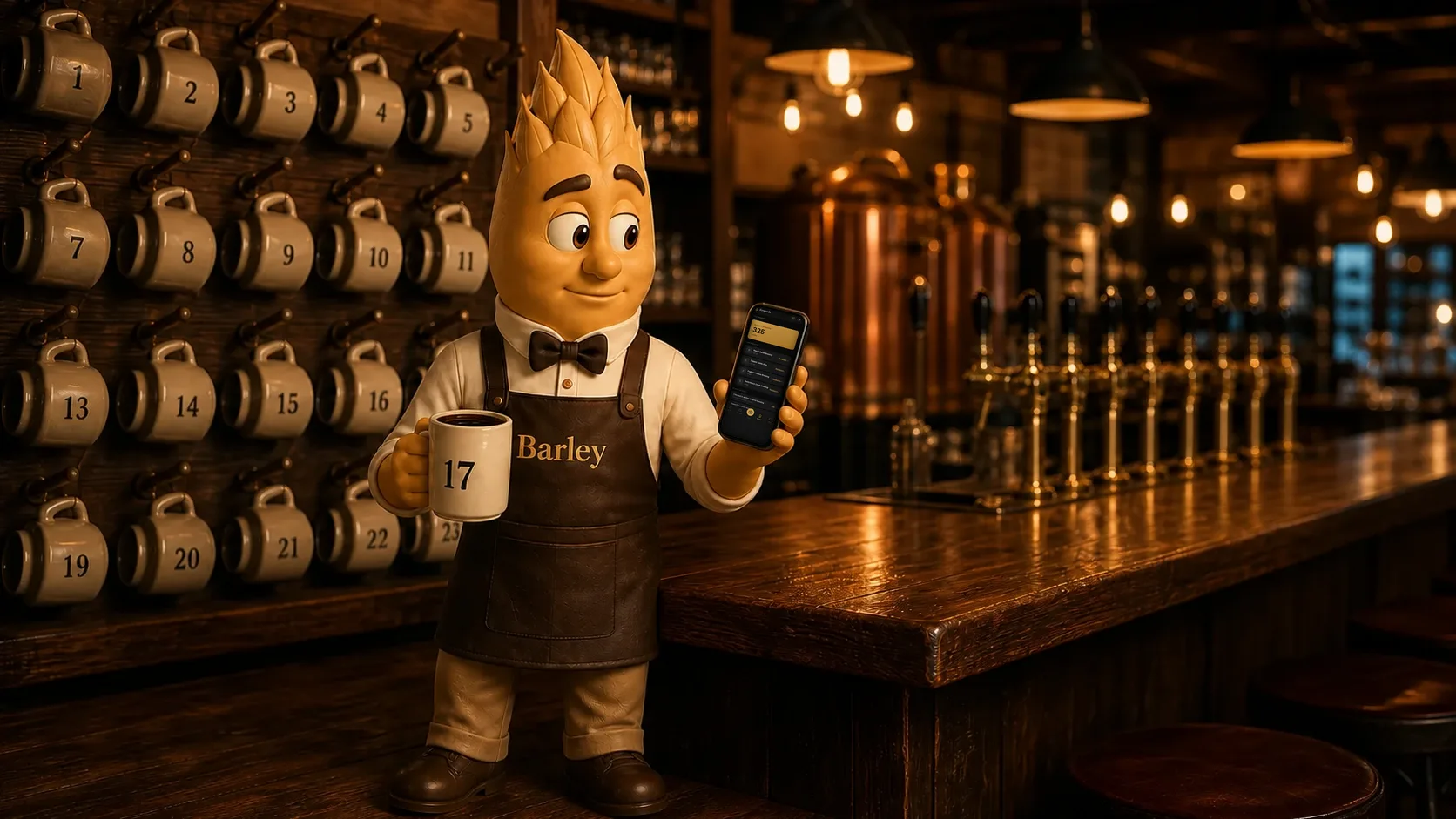 Barley holds mug number 17 and a phone showing a guest's Barley rewards, 325 points across four breweries with a wallet for each, in front of a wall of numbered club mugs.