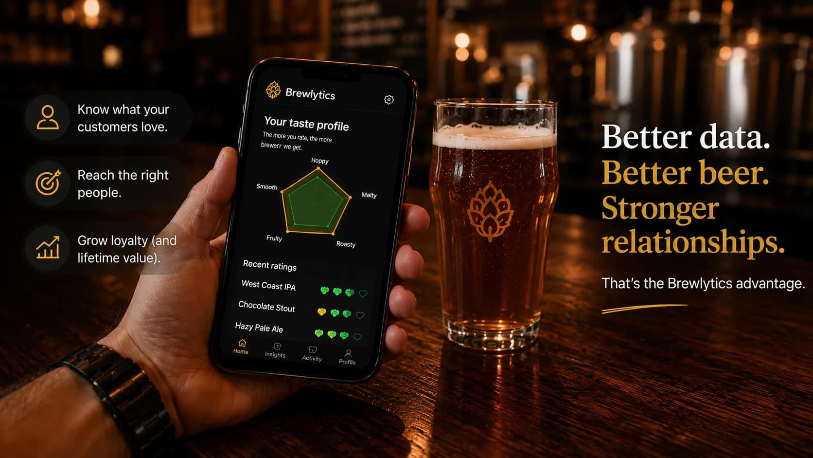A customer's taste profile in the Barley app — a flavor radar plus recent beer ratings — the kind of per-drinker intelligence a points balance can't capture.