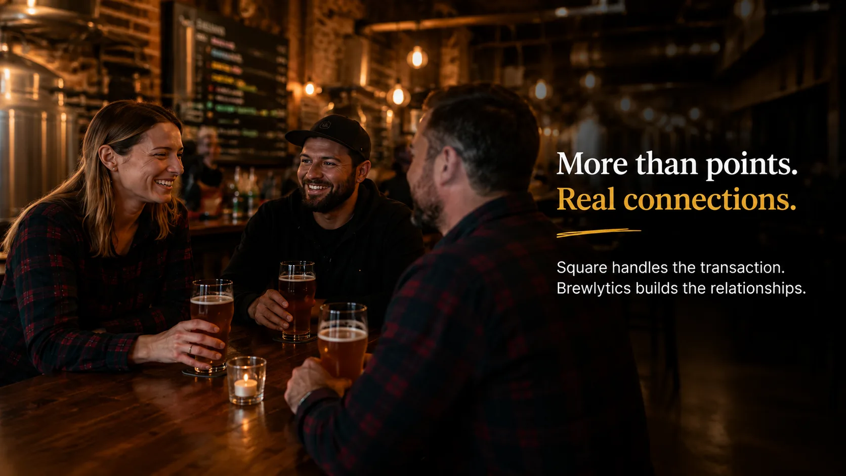 Three friends laughing over craft beers at a warm, dark taproom bar — the point being that Square handles the transaction while Brewlytics builds the relationship.