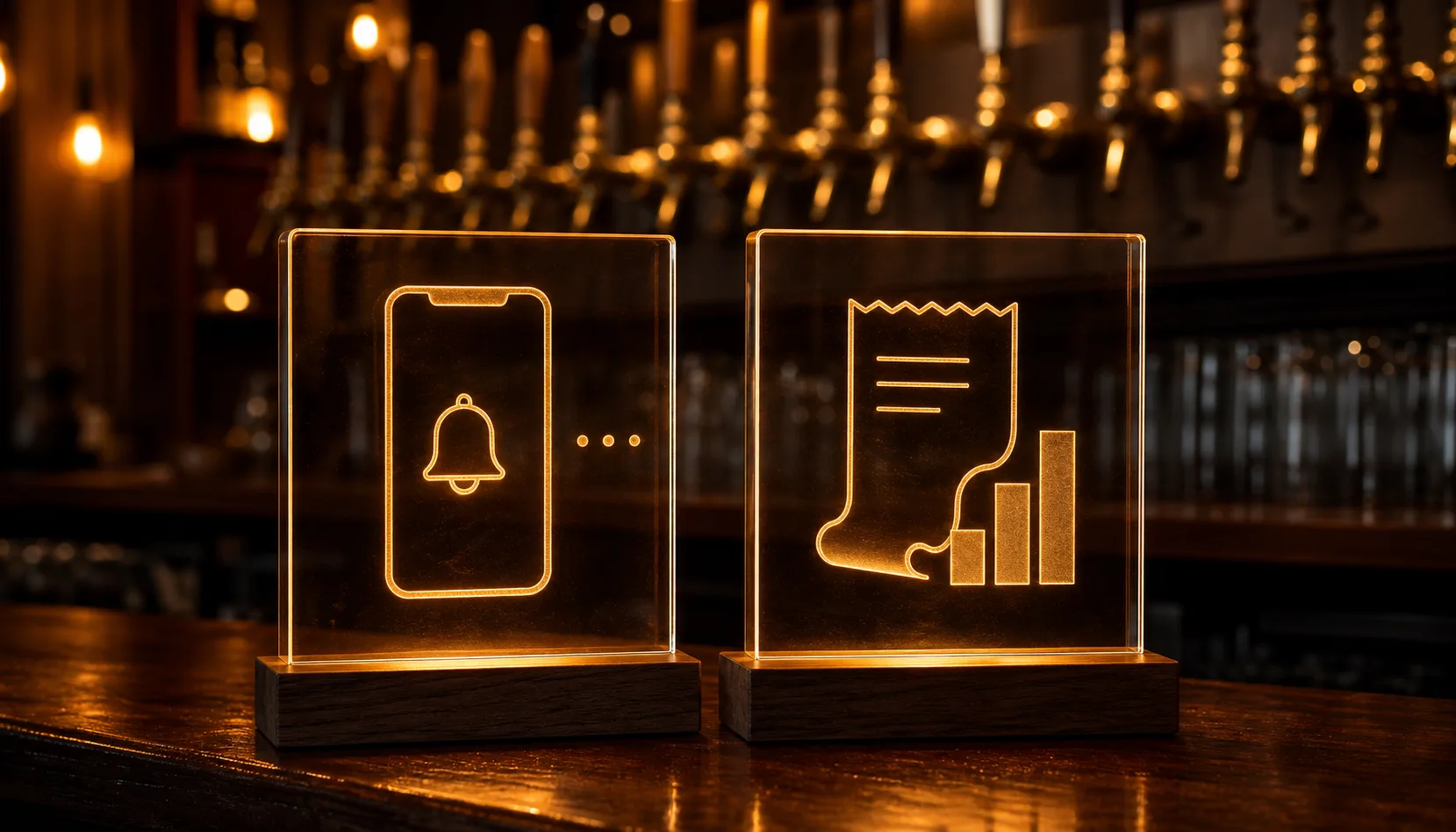 Two amber-lit acrylic panels on a taproom bar: the left shows a phone outline with a bell icon, the right shows a paper receipt curling down into a small bar chart.