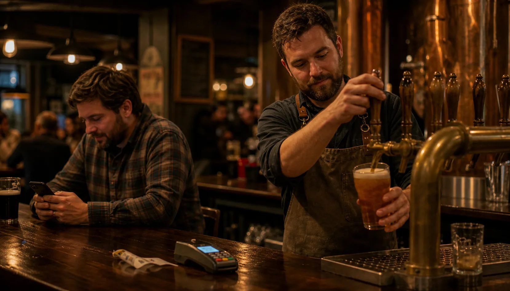 A bearded regular in flannel sits at a dark wooden bar looking at his phone while a bartender in a canvas apron pours an amber pint at brass taps, a card reader and receipt on the bar between them.