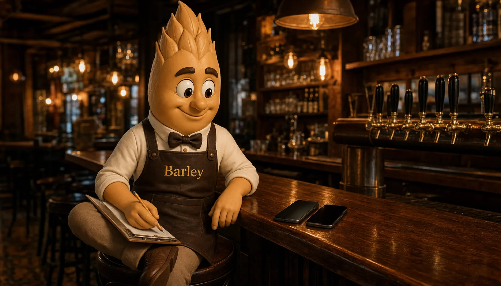 Barley sits on a barstool with a clipboard and pencil, studying two plain unbranded smartphones lying side by side on a taproom bar top.