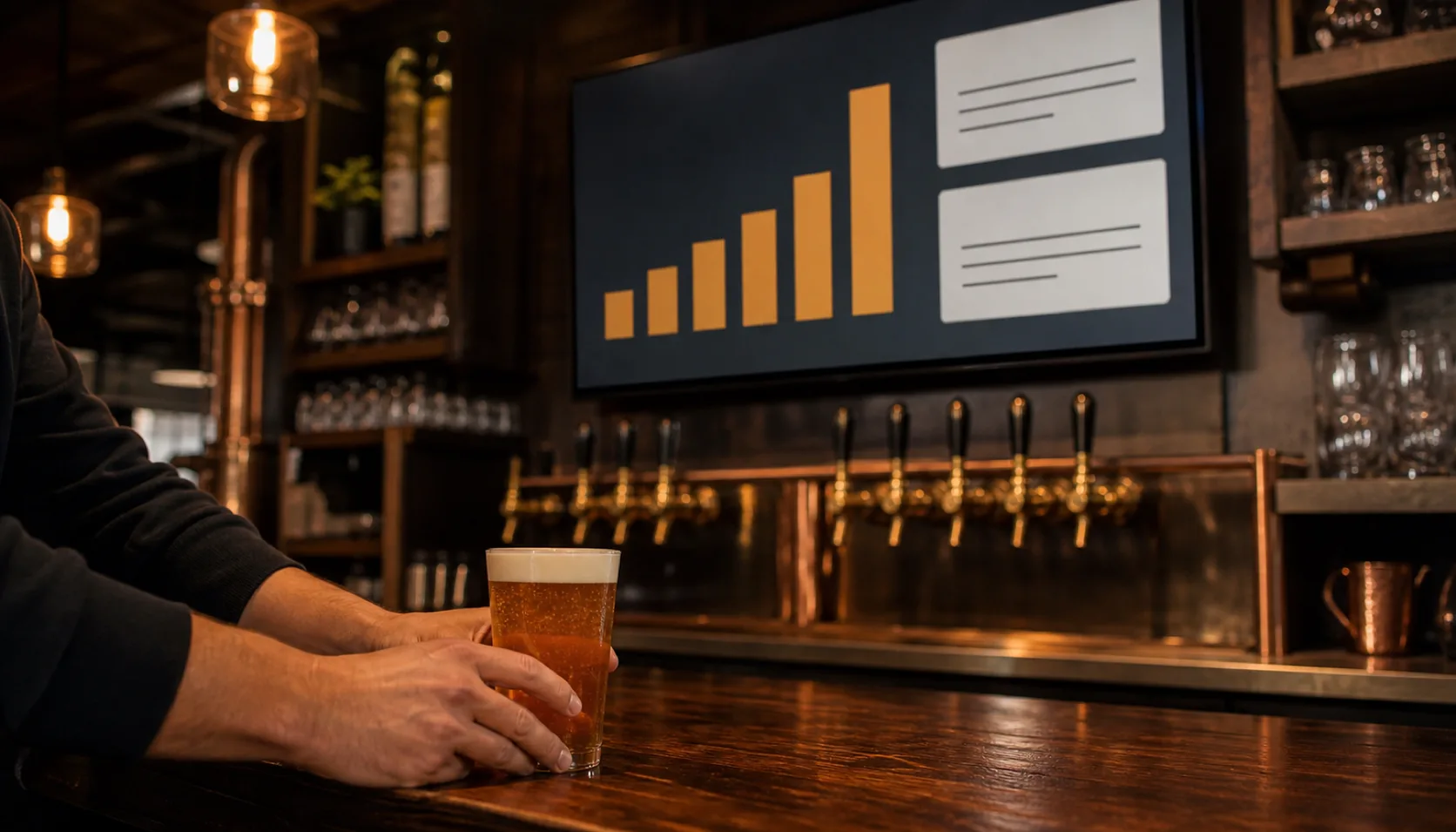 A screen above a brewery back bar shows a simple amber bar chart and two blank summary cards while a guest's hand rests on a fresh pint at the wooden bar.