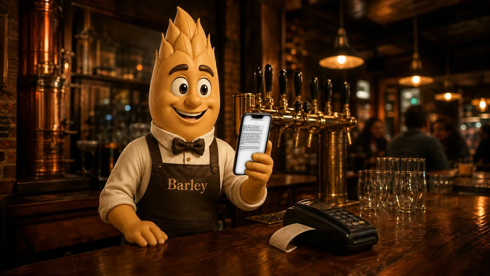 Barley holds up a phone at the bar showing the Release Radar welcome text a guest gets after signing up, next to the card terminal.