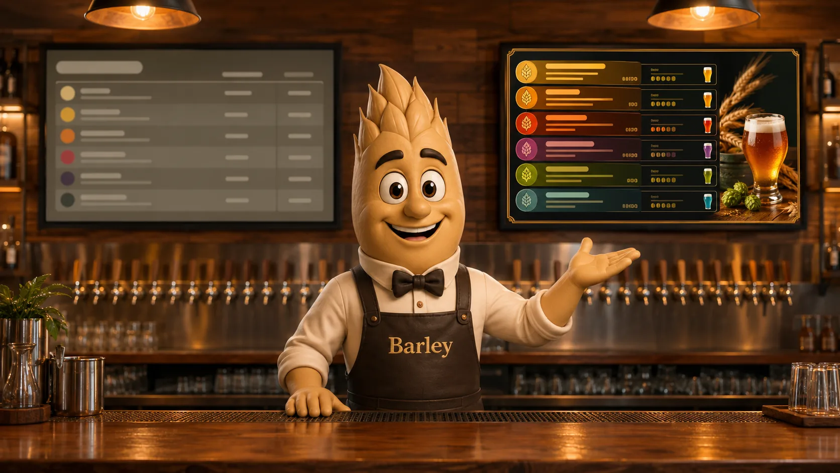 Barley the AI bartender mascot at the bar between two TV menu displays — a plain template menu on one side and a vibrant, fully-branded menu on the other.