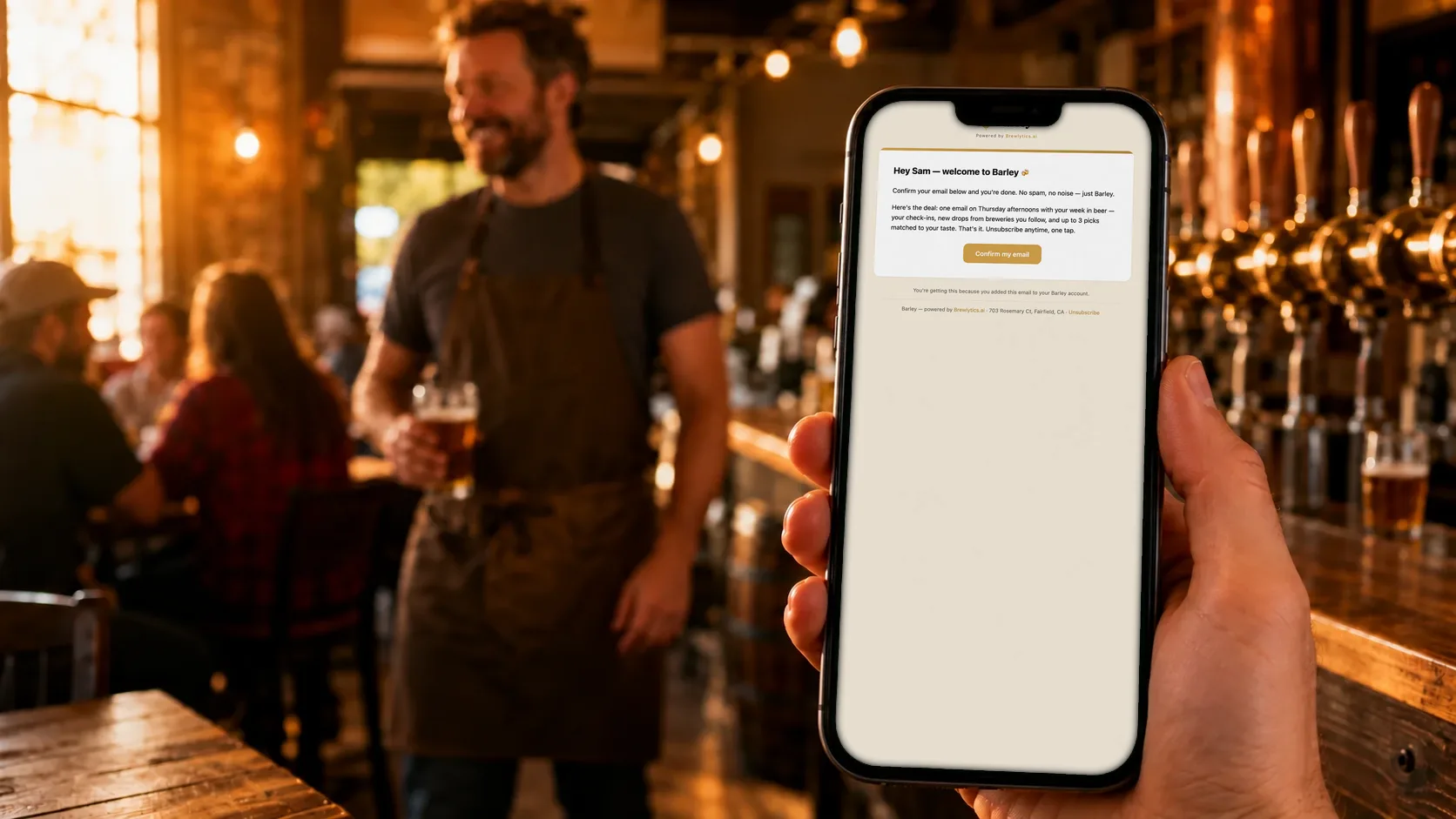 A hand holds up a phone showing the welcome email Barley sends a new subscriber, with its Confirm my email button, in a busy taproom.