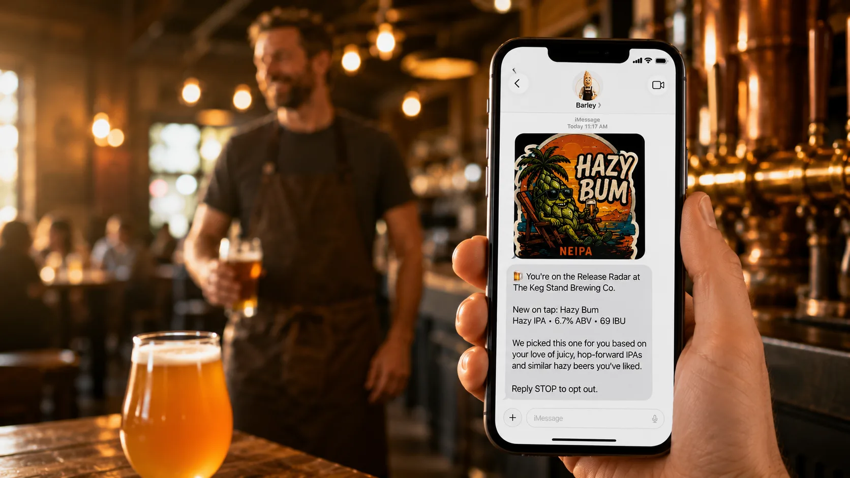 An email sign-up table tent on the taproom bar promising beer releases, event invites, exclusive offers, and taproom news.