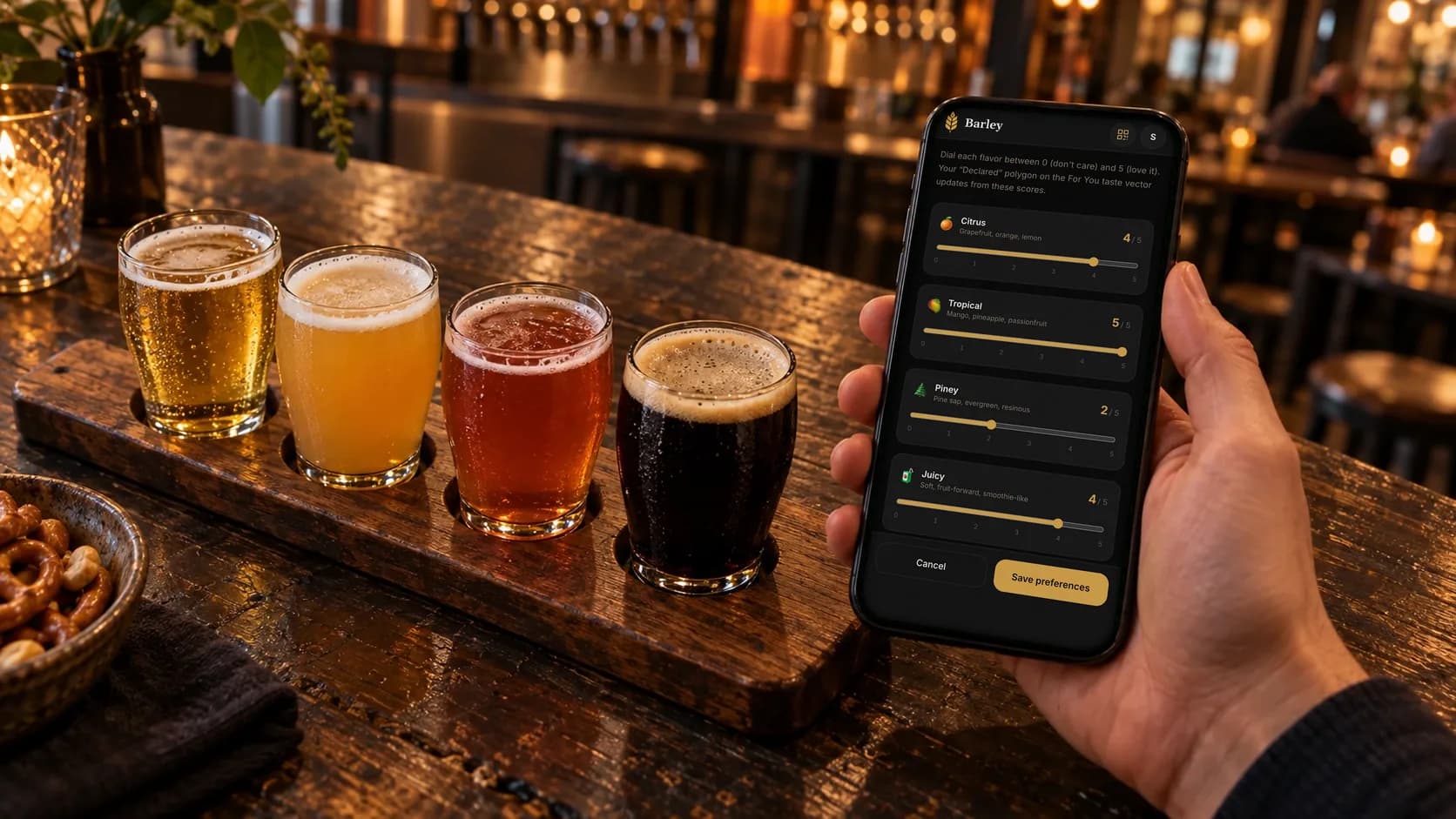 A hand holds a phone over a four-beer flight, showing the Barley app's taste dials for citrus, tropical, piney and juicy, each set from 0 to 5.