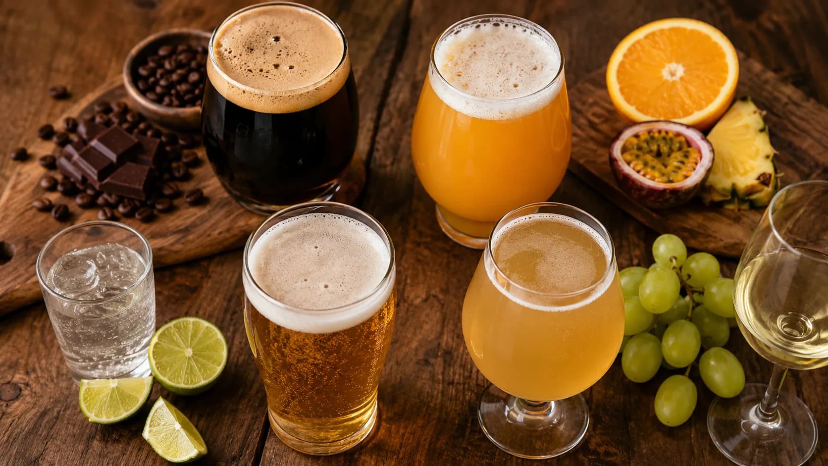 Four beers on a wooden table — a dark stout, a hazy IPA, a golden lager, and a fruited ale — each ringed by the flavors it maps to: coffee beans and chocolate, orange and tropical fruit, lime and sparkling water, grapes and white wine.