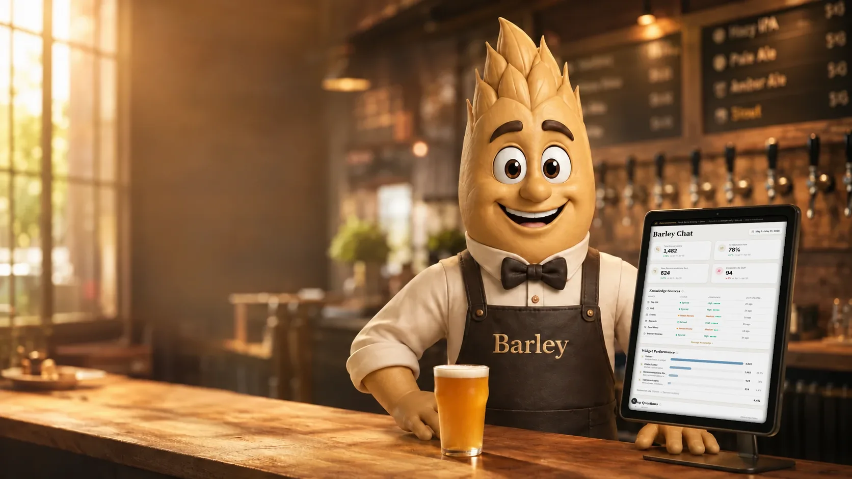 Barley stands at the bar beside an upright tablet showing the Brewlytics Barley Chat page: conversations, resolution rate, recommendations served and the knowledge sources Barley answers from.