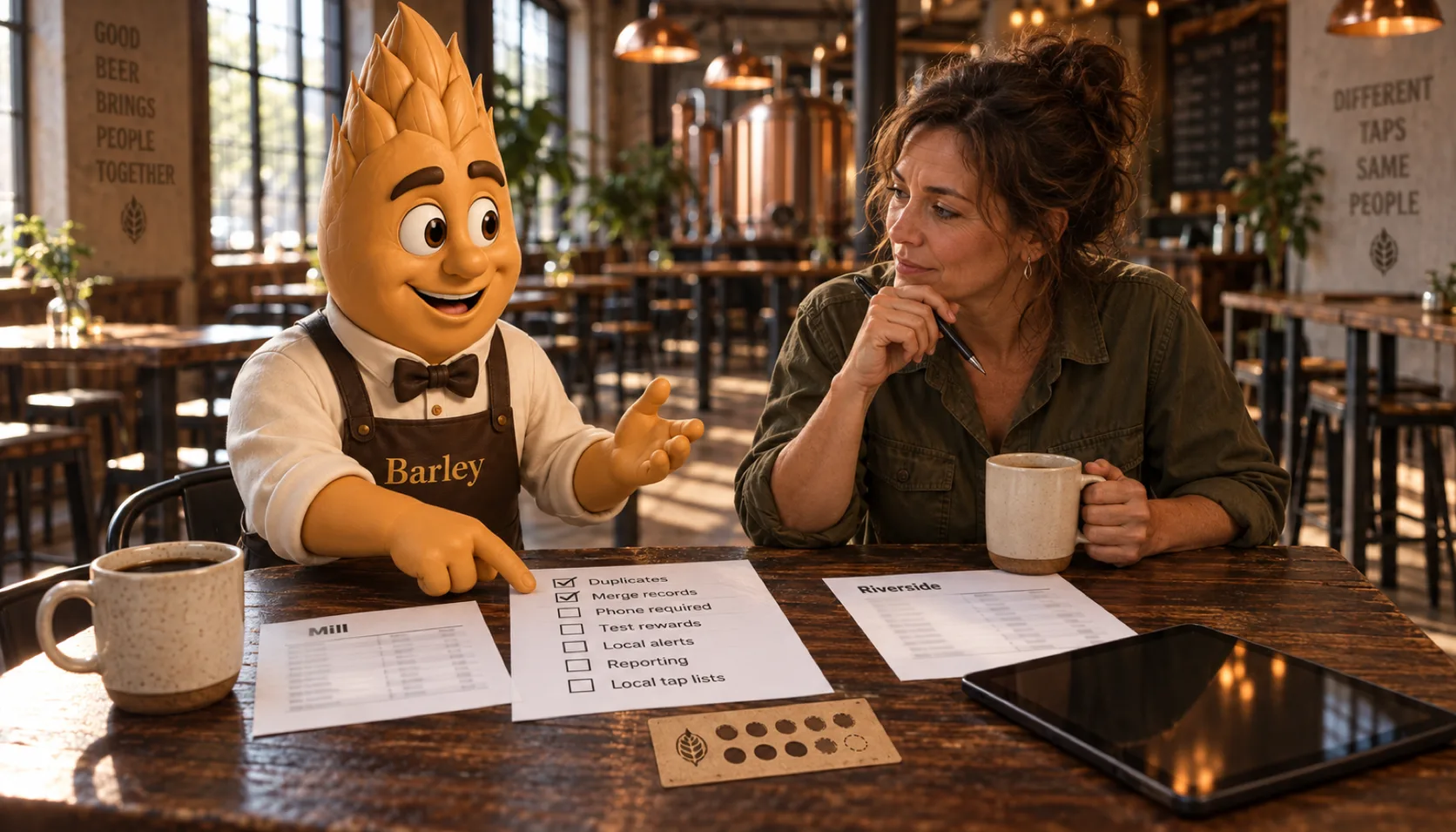 Barley sits at a table in a quiet taproom in the morning, pointing at a printed checklist between him and a brewery manager holding a pen and a coffee mug, with separate printed reports headed Mill and Riverside laid out either side.
