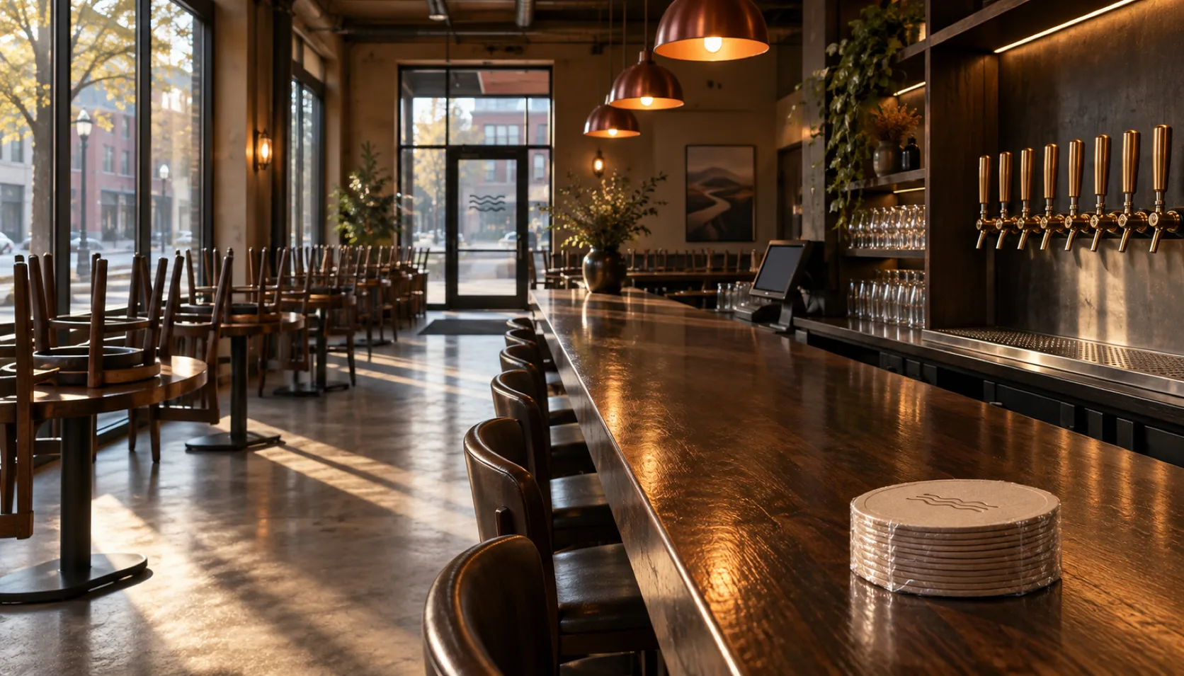 A brewery's brand new second taproom photographed at nine in the morning before opening, chairs still upside down on the tables, an unscuffed bar top with a row of brass tap handles, and a shrink-wrapped stack of branded coasters still unopened on the counter.