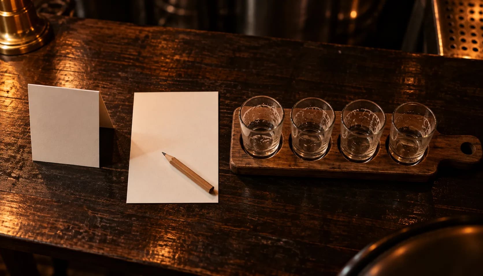A blank card table tent, a short pencil resting on an unmarked paper tasting sheet, and a wooden flight paddle holding four empty taster glasses, laid out in a row on a dark bar top under warm light.