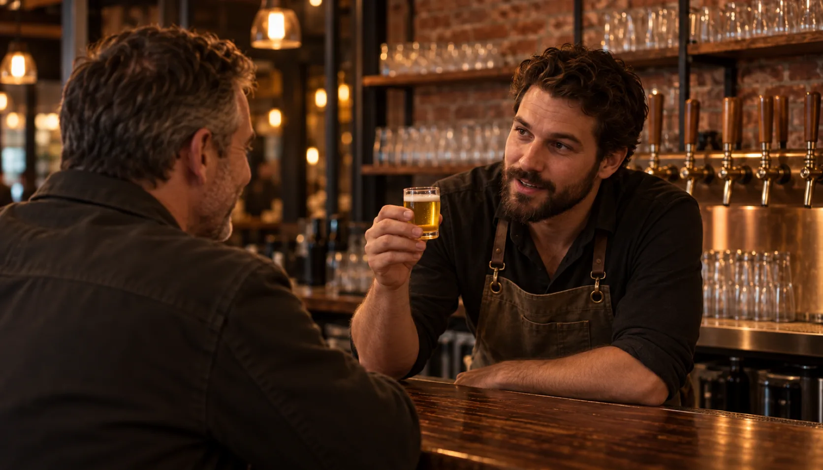 A bartender in a canvas apron leans across the bar holding out a small taster glass of pale beer to a guest in a jacket, mid-conversation under warm pendant light.